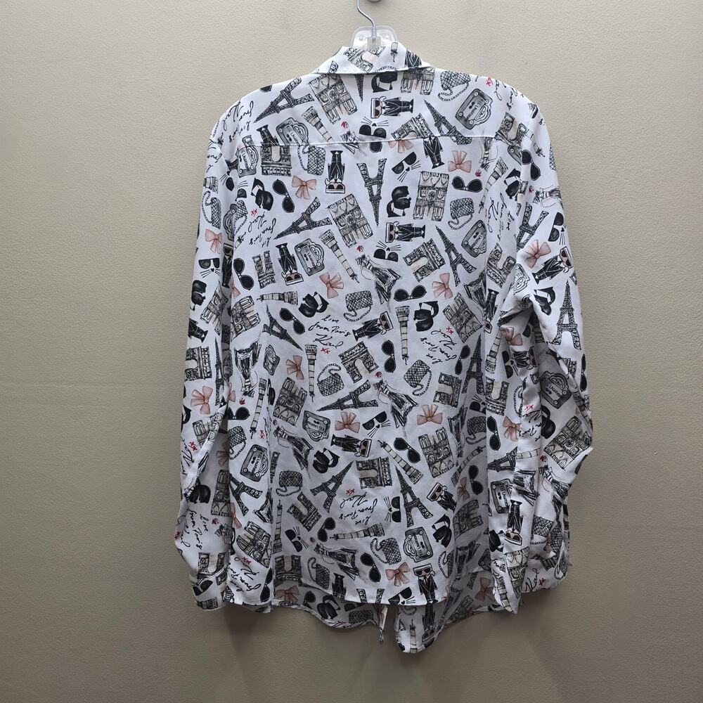 Karl Lagerfeld Whimsical Button-Up Shirt Top White Black SZ XL Artsy Whimsical - Picture 2 of 9